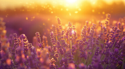 Sunset over a field of lavender with golden light and purple blooms