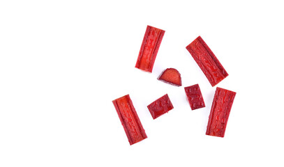 Rhubarb stalks on a white background. top view