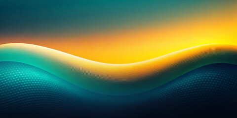 The undulating landscape changes from a cold blue to a warm orange hue, creating a sense of depth. The small dots give the wave a textured look, reminiscent of a sunrise over a pixelated ocean.AI gene