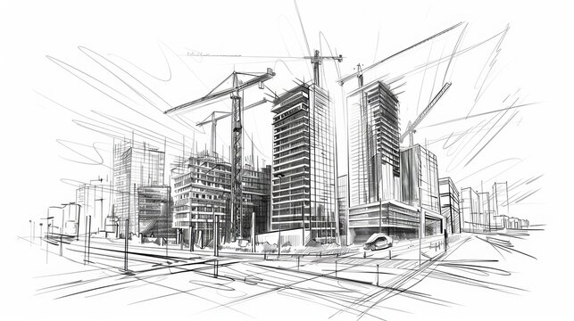 A handdrawn sketch of a construction site is illustrated in vector format