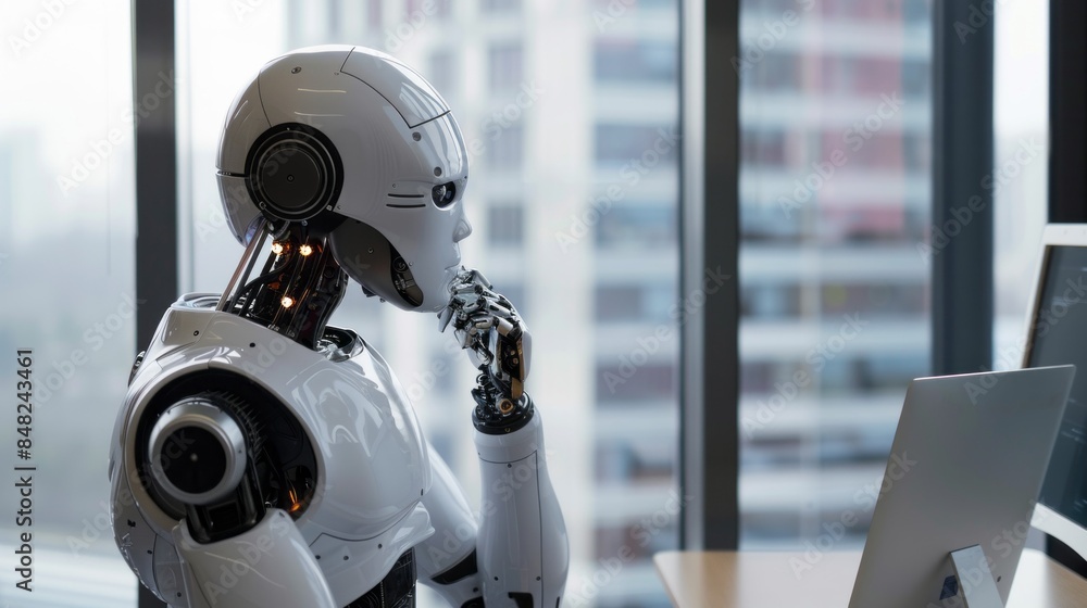Aufkleber A robot is sitting at a desk in front of a computer monitor
