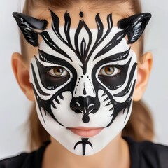 Child with playful animal face paint in minimalist portrait, emphasizing eyes on white background