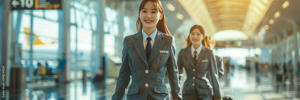 Wall mural asian female stewardess in uniform smiles with confidence in airport.