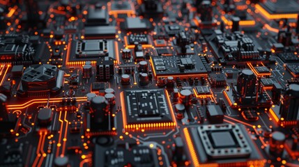 Obraz premium A macro view of a futuristic electronic circuit board with microchips and processors is rendered in 3D serving as a technology background concept