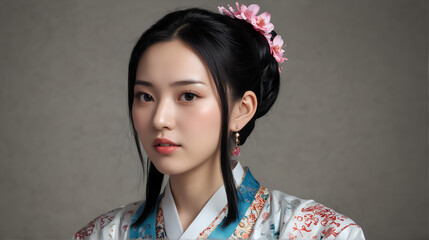a young woman with a gentle expression, wearing traditional Asian attire adorned with intricate floral patterns and a hairstyle embellished with delicate pink flowers, set against a soft gray backgrou