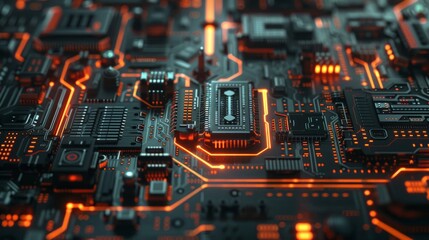 Fototapeta premium A macro view of a futuristic electronic circuit board with microchips and processors is rendered in 3D serving as a technology background concept