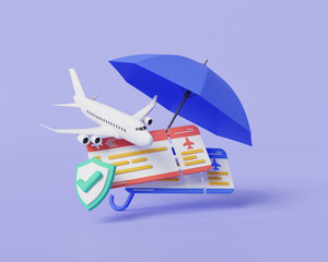3d rendering illustration of Travel insurance concept. Assurance protection about travel. Insurance policy guarantee, Guarantee business, Airplane Safely, Umbrella, Shield, Insurance life, Accident