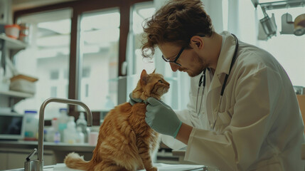Veterinarian examining a cat at a clinic