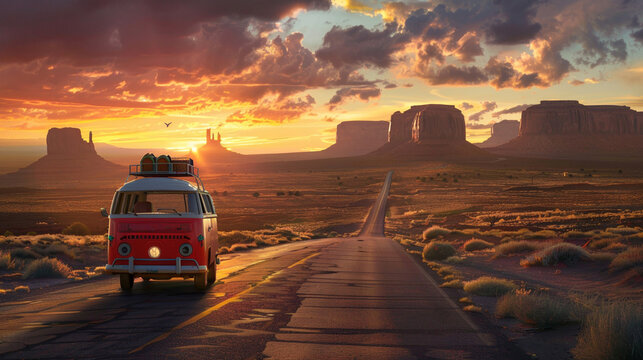 Vintage camper van driving on road in American's Wild West at sunset - Powered by Adobe