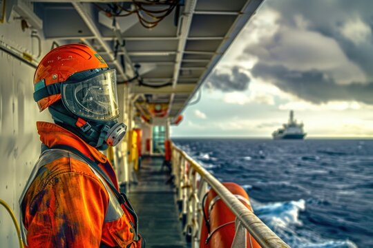 Deck Officer in PPE on offshore vessel with ship background.