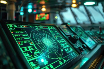 Radar screen with green display indication on a captains bridge of modern ship