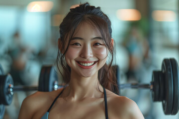 Fototapeta premium Asian woman exercising with dumbbells in the gym.