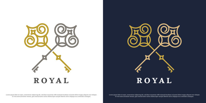 Royal key logo design illustration. Silhouette of key to royal treasure gothic victorian majestic capital monarch. Simple flat icon symbol minimal minimalist decorative elegant luxury.