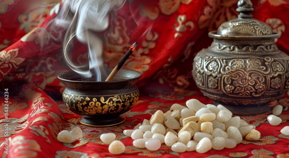 Wall mural An incense burner with smoke alongside almonds on rich red silk fabric - Wall murals
