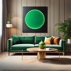 A Living Room With A Couch A Table And A Vase With A Green Circle On It
