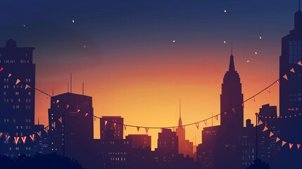 Obraz premium A city skyline at sunset with a banner hanging from the Empire State Building
