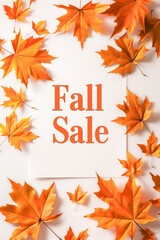 Words Fall Sale on light background with orange autumn leaves