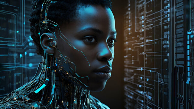AI cyber security threat illustration, black african american IT specialist, artificial intelligence collage