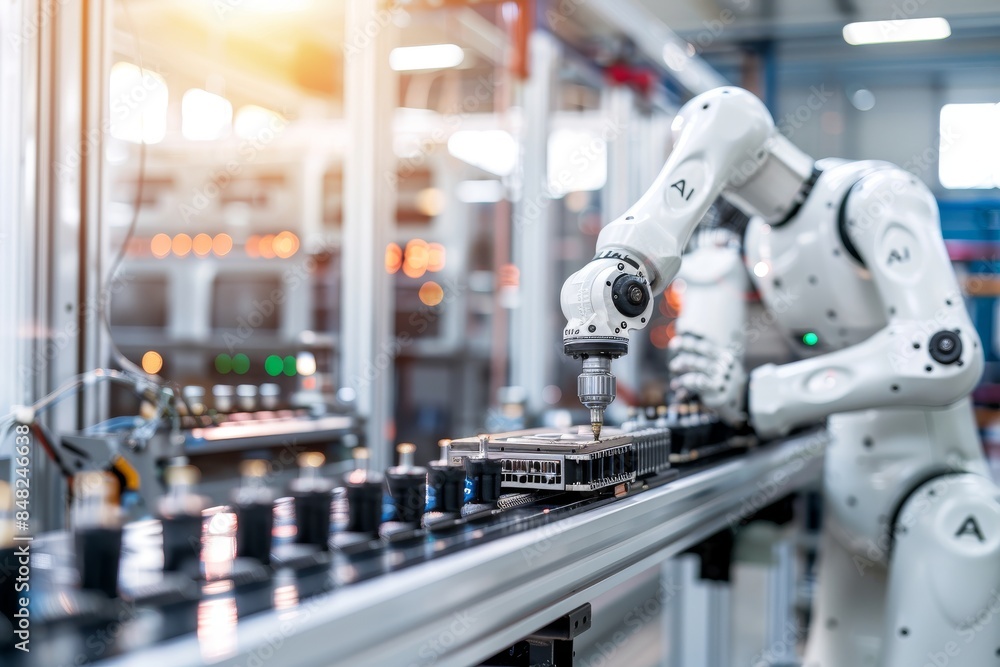 Poster Robot Working on Assembly Line in Modern Industrial Setting, Representing Automation, AI, and Advanced Technology