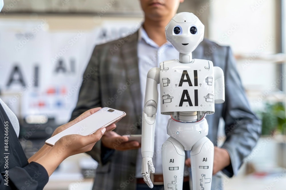 Poster ai robot interacting with human in professional setting, representing robotics, technology, and huma