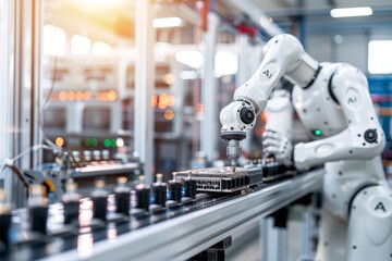 Fototapeta premium Robot Working on Assembly Line in Modern Industrial Setting, Representing Automation, AI, and Advanced Technology