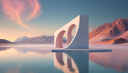 pastel landscape featuring futuristic architecture and geometric shapes. The image blends dreamy colors and surreal elements to create a visually captivating, otherworldly scene