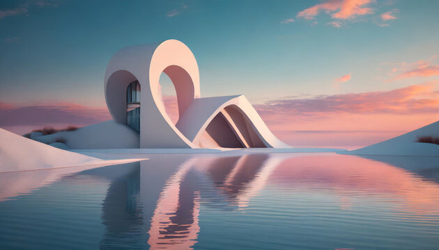 pastel landscape featuring futuristic architecture and geometric shapes. The image blends dreamy colors and surreal elements to create a visually captivating, otherworldly scene