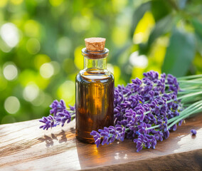 huile essentielle de lavande, avec fleurs de lavande, flacon en verre 