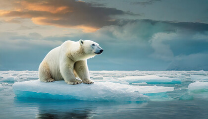 white polar bear seated on a shrinking ice floe in the Arctic Sea, symbolizing the effects of climate change on polar wildlife and melting glaciers