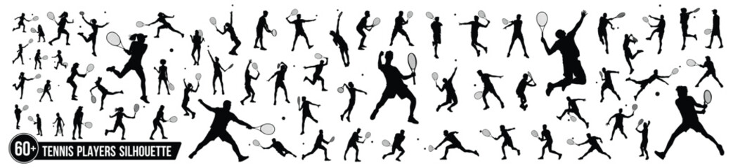 Male, female, and children's tennis players silhouettes