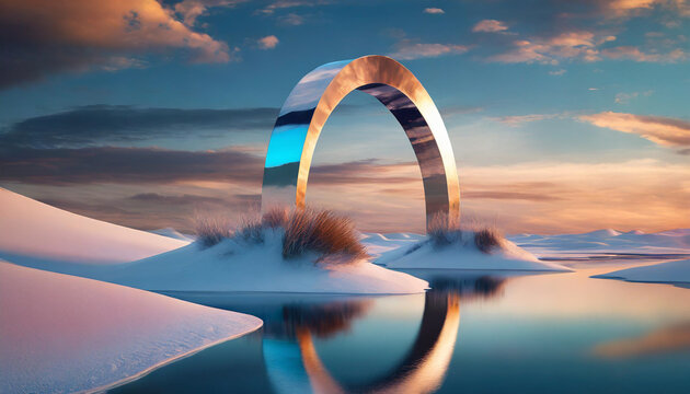 dreamland background with abstract dunes in a winter landscape. Geometric shapes and vibrant colors blend to create a fantastical, otherworldly scene, evoking a sense of wonder and tranquility