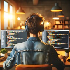 a young male software developer intensely focused on coding, wearing headphones while working on a computer with multiple screens displaying colorful code, in a modern office environment illuminated b