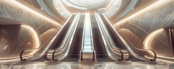 Modern luxury escalators with staircase, architecture concept banner. Generative AI.