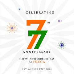 Celebrating 77 Year India, Anniversary 15 August. Vector illustration.