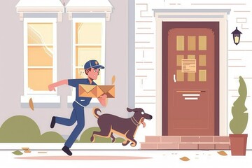 Animated scene of a mail carrier in a hurry to avoid a chasing dog, with letters scattered