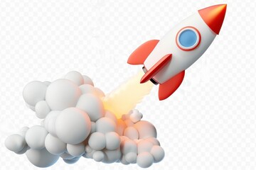 A cartoon image featuring a vibrant rocket blasting off with a dynamic smoke trail against a transparent background