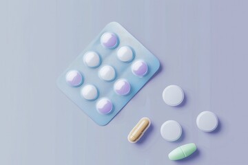 A composed image of a blister pack with pills alongside loose tablets on a blue background represents healthcare