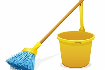 A bright yellow cleaning bucket with a sturdy blue broom depicted in a simple and clean illustration