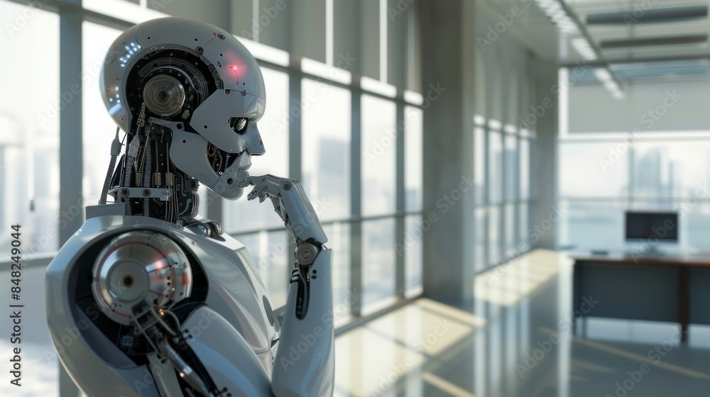 Poster A robot is standing in a room with a desk in front of it
