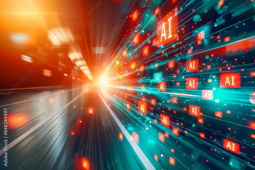 Poster abstract ai data visualization with dynamic motion, highlighting technology, innovation, and digital