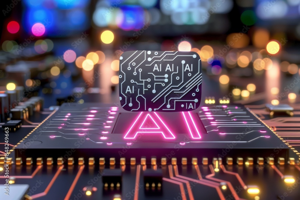 Poster ai circuit board with glowing components in high tech setting, highlighting technology, innovation, 