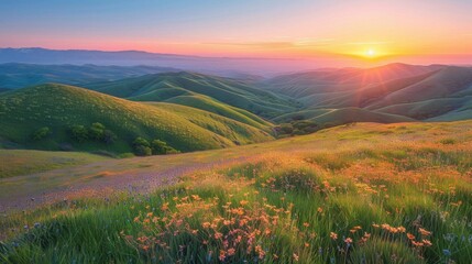 Fototapeta premium A beautiful sunrise over gently rolling hills covered in a blanket of morning mist The sky transitions from deep blue to soft pink and orange as the sun rises Wildflowers dot the g