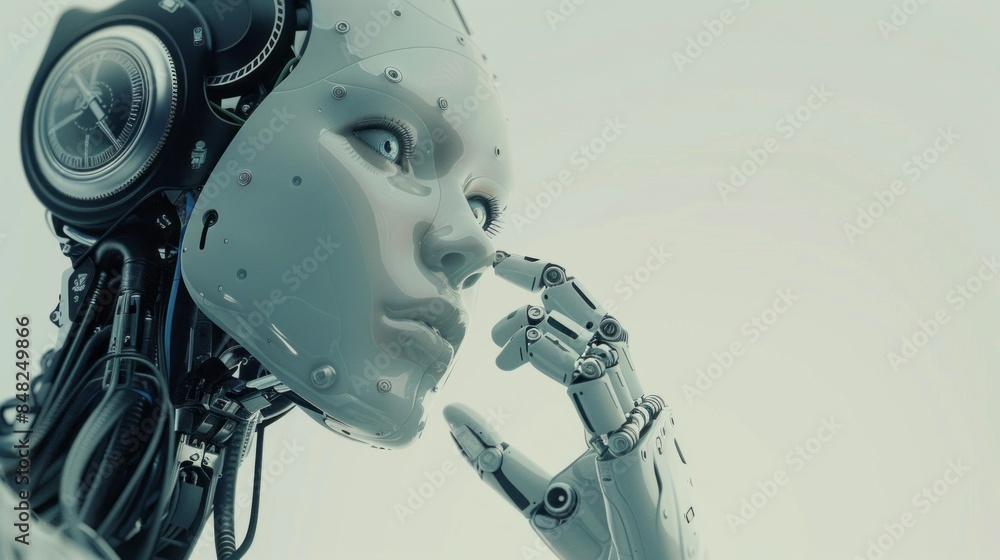 Poster A robot with a face and hands that is looking at the camera