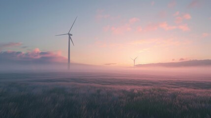Obraz premium Wind turbines in misty landscape at sunrise. Energy in harmony with nature. Capture of a tranquil morning with renewable energy symbols