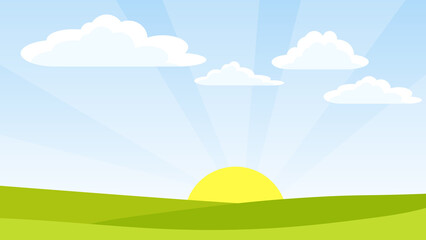 Obraz premium Spring bright landscape of green field, blue sky and clouds