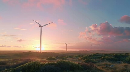 Obraz premium Wind turbines at sunset in a serene landscape. Green energy in harmony with nature. Majestic wind turbines stand tall against a beautiful evening sky.