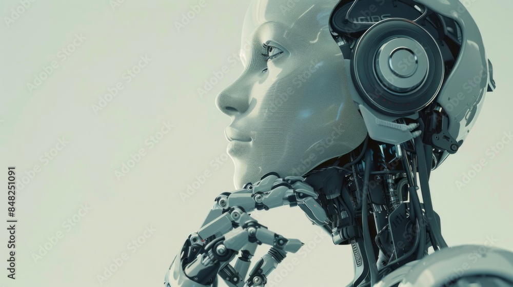Poster a robot with a face and a pair of headphones is looking to the left