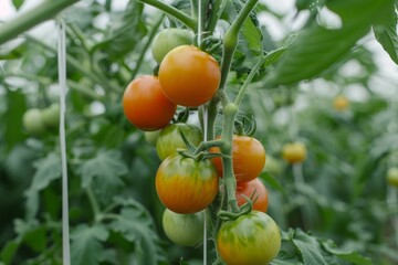 Ripening tomatoes on the vine in lush greenhouse