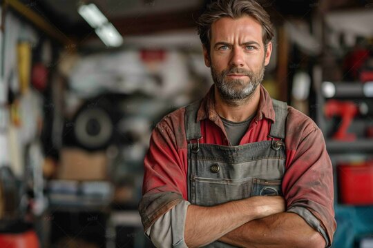 Confident mechanic in workshop with crossed arms