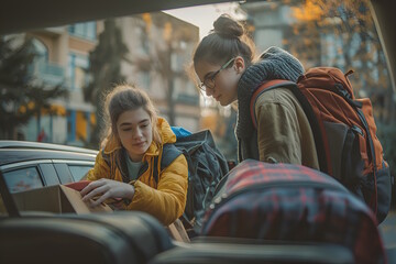 Hispanic teenage girls loading car, back to college and moving concept